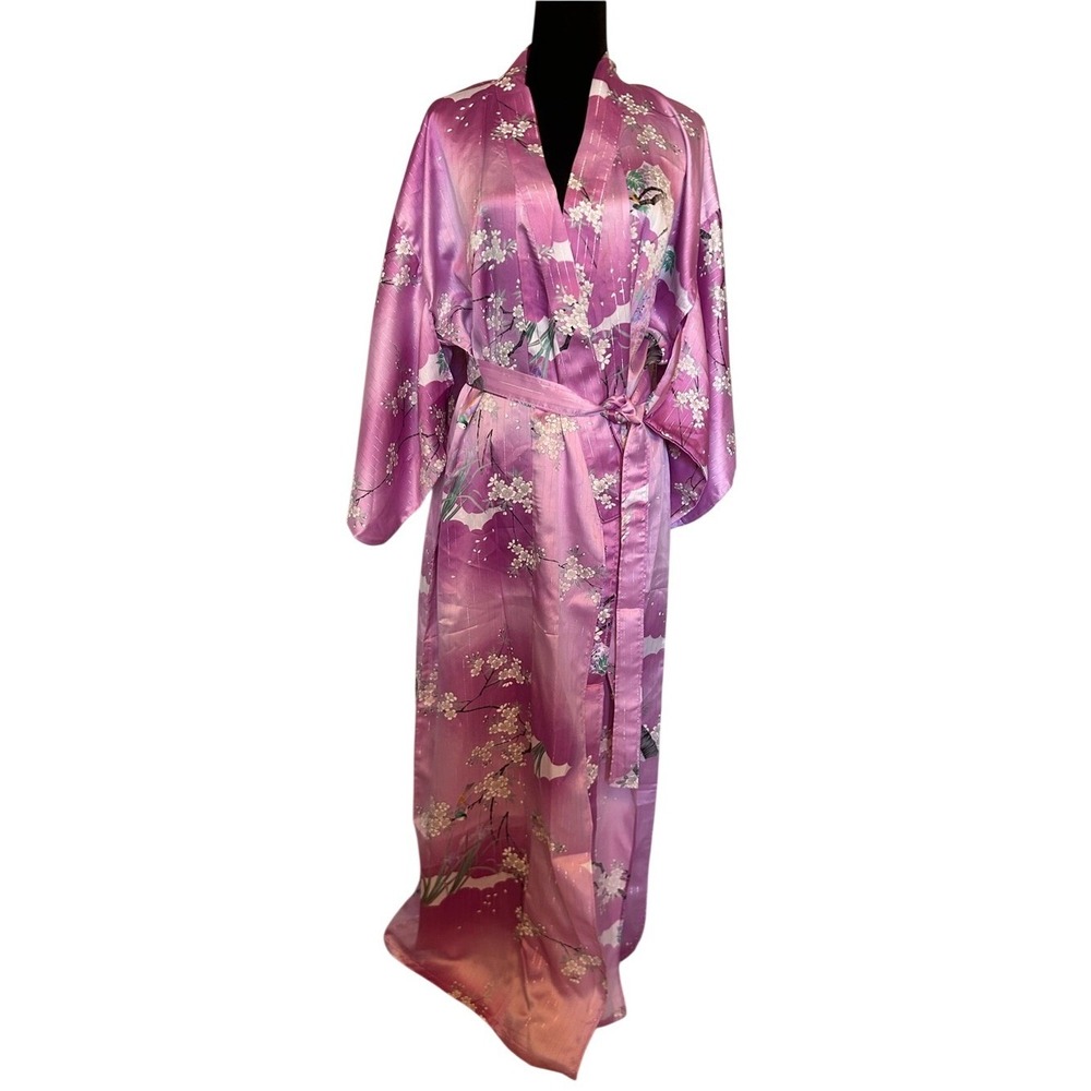 NWT Amita Lavender Satin Cherry Blossom and Bird‎ Kimono Robe Size O/S